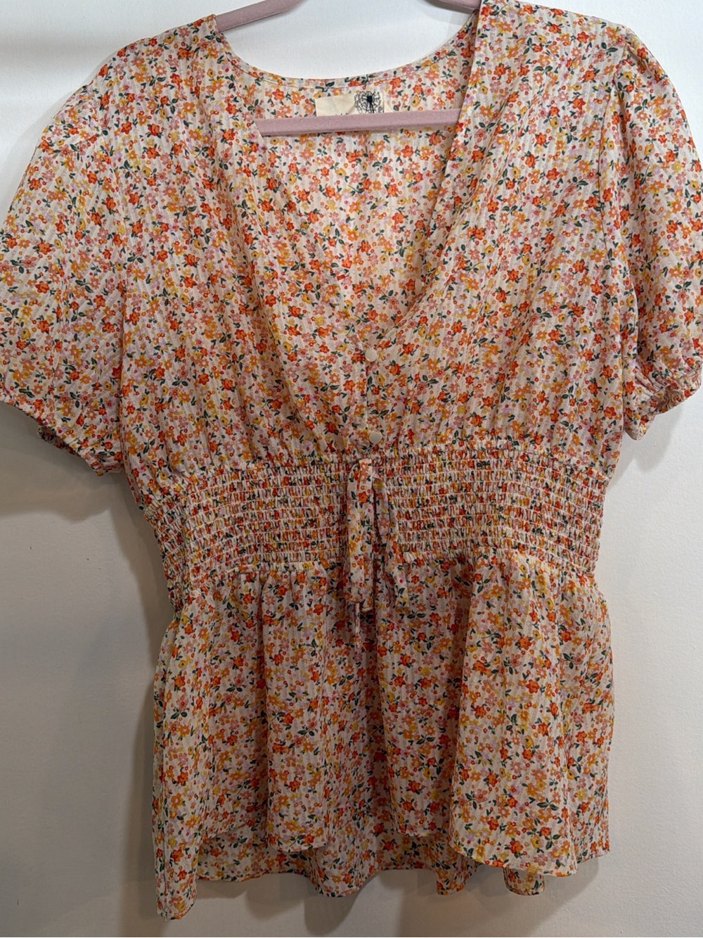 Floral Smocked Waist Peplum Top - Pink & Orange